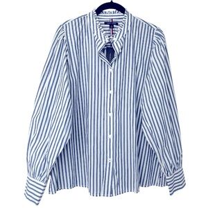 NWT Tommy Hilfiger Relaxed Fit Ruffle Neck Billowy Sleeve Striped Button Shirt M